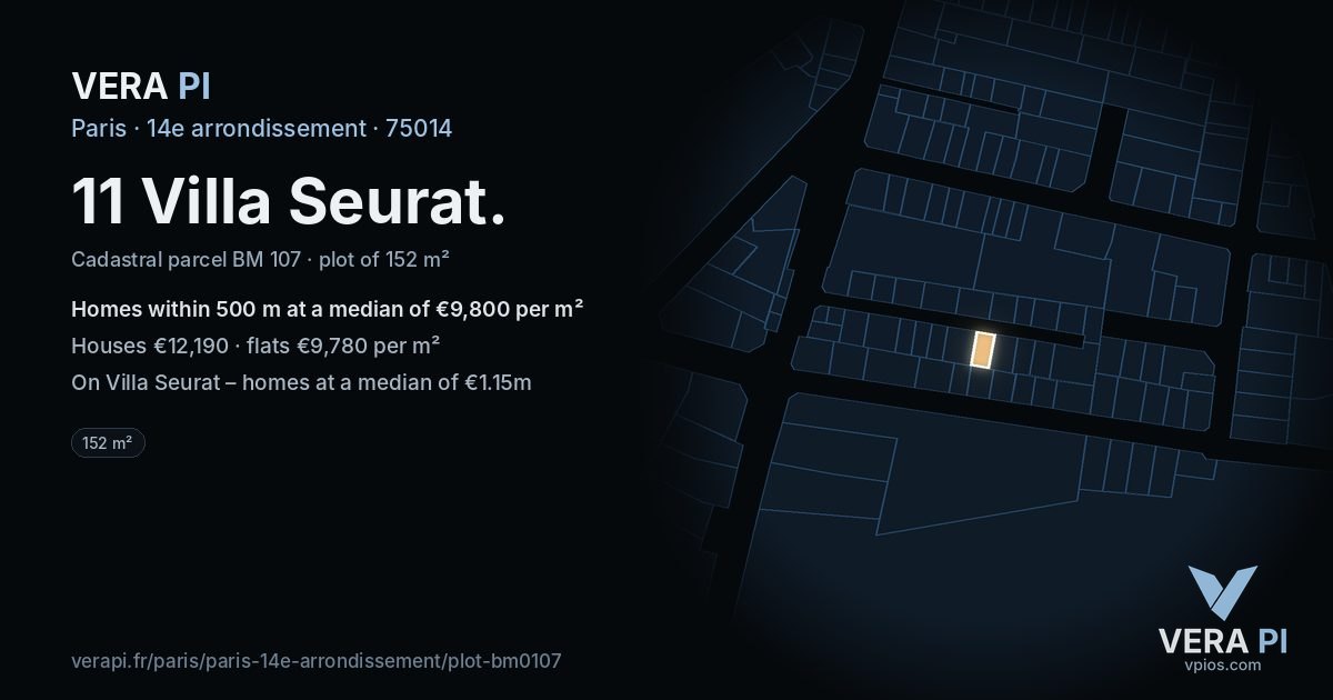 11 Villa Seurat, 14e arrondissement at night – the plot lit, the parcels around coloured by the prices near them