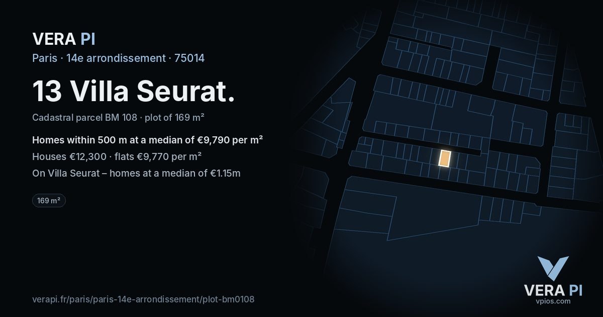 13 Villa Seurat, 14e arrondissement at night – the plot lit, the parcels around coloured by the prices near them