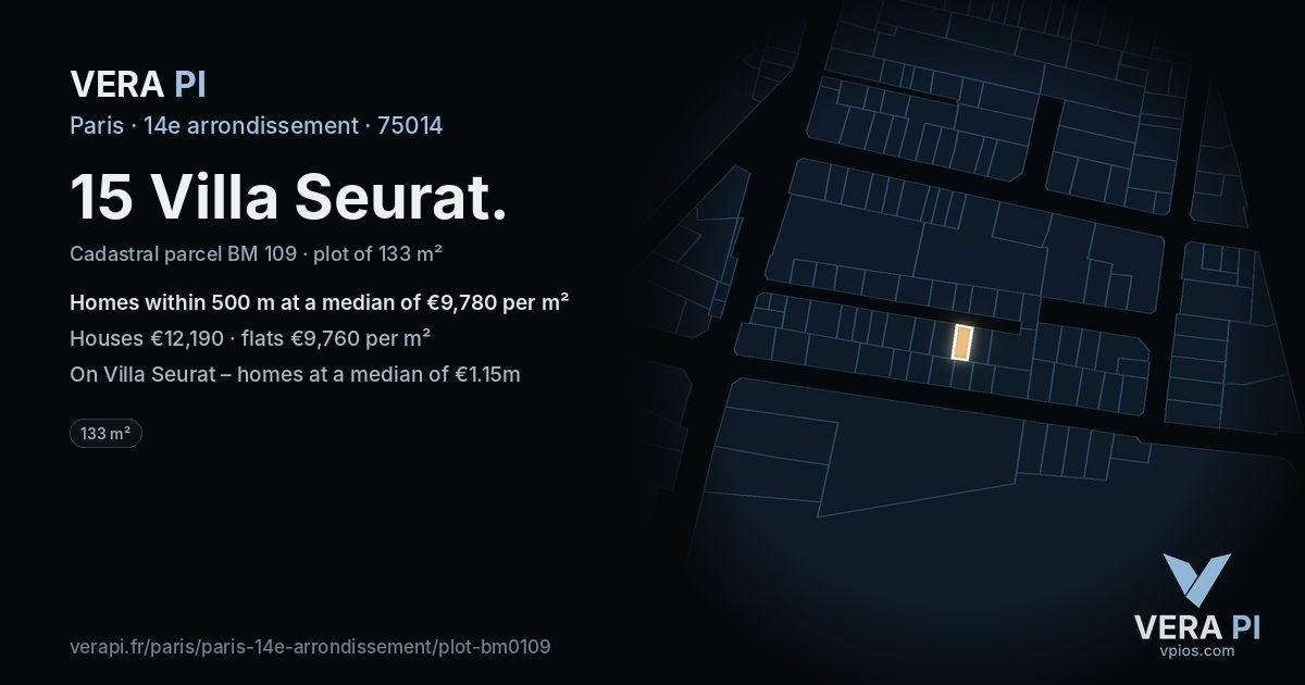15 Villa Seurat, 14e arrondissement at night – the plot lit, the parcels around coloured by the prices near them