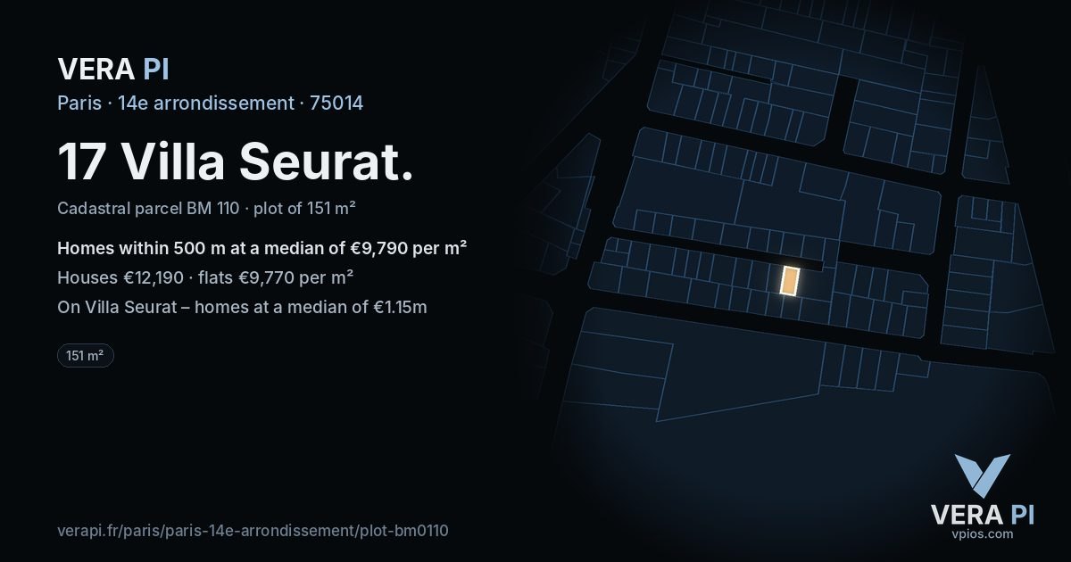 17 Villa Seurat, 14e arrondissement at night – the plot lit, the parcels around coloured by the prices near them