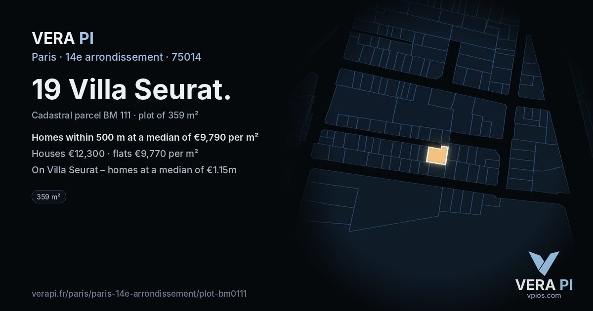 19 Villa Seurat, 14e arrondissement at night – the plot lit, the parcels around coloured by the prices near them
