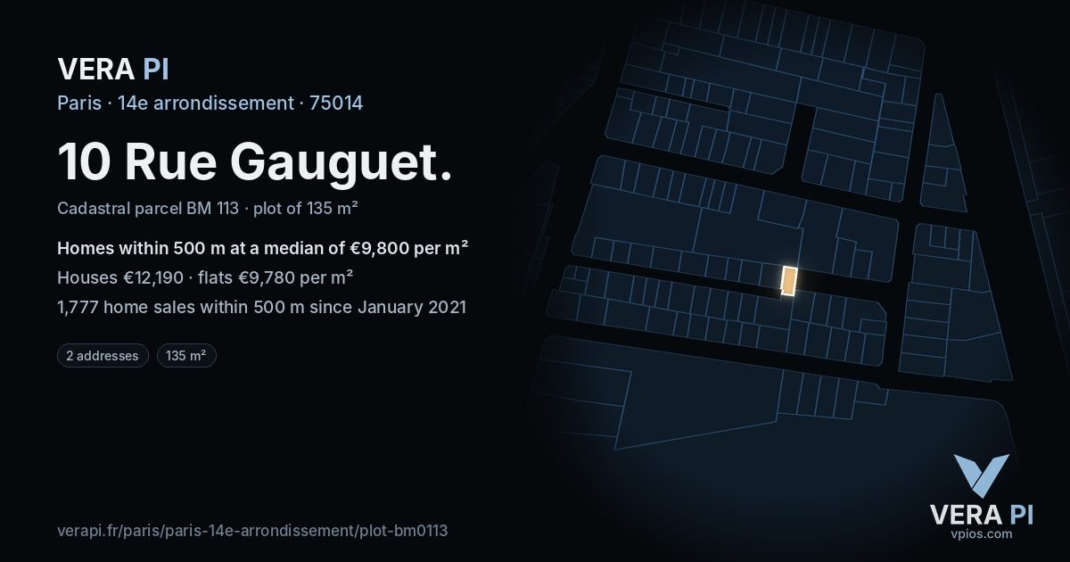 10 Rue Gauguet, 14e arrondissement at night – the plot lit, the parcels around coloured by the prices near them