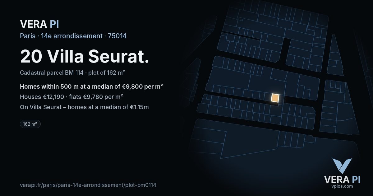 20 Villa Seurat, 14e arrondissement at night – the plot lit, the parcels around coloured by the prices near them