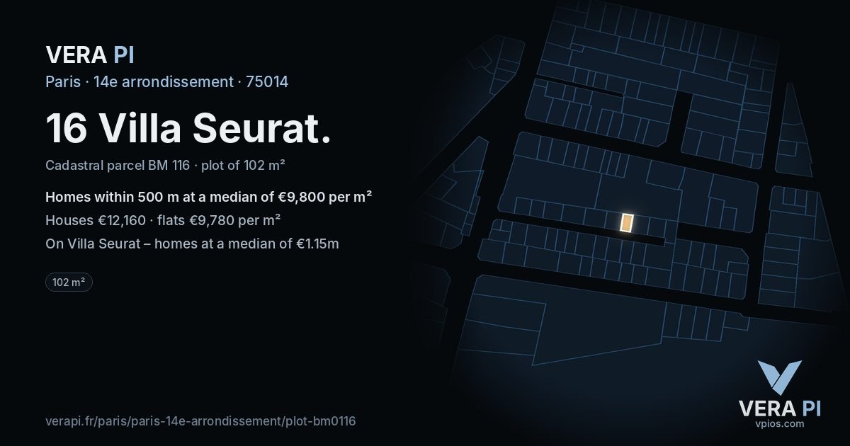 16 Villa Seurat, 14e arrondissement at night – the plot lit, the parcels around coloured by the prices near them