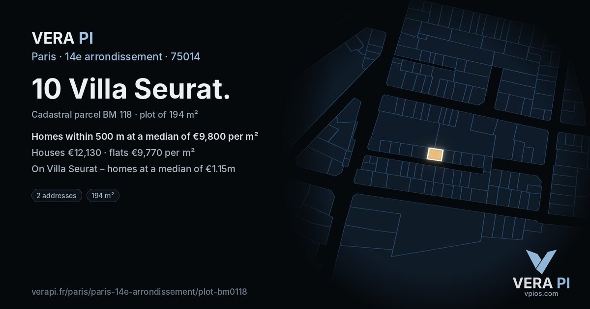 10 Villa Seurat, 14e arrondissement at night – the plot lit, the parcels around coloured by the prices near them