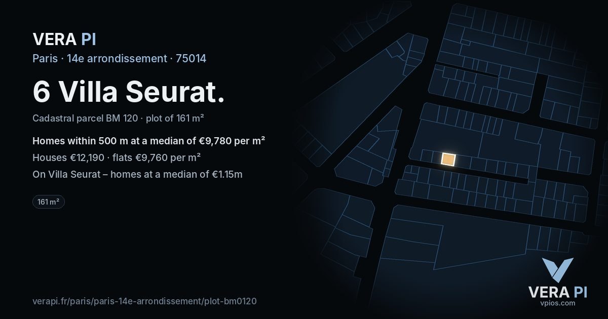 6 Villa Seurat, 14e arrondissement at night – the plot lit, the parcels around coloured by the prices near them