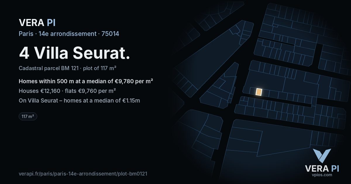 4 Villa Seurat, 14e arrondissement at night – the plot lit, the parcels around coloured by the prices near them