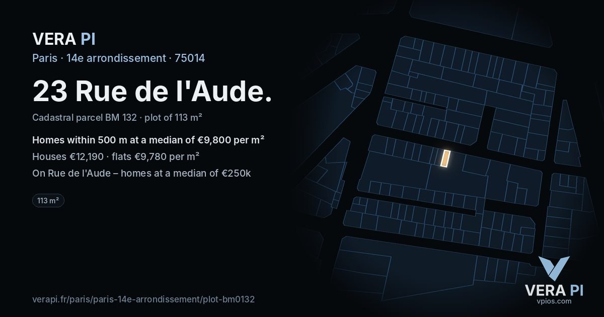 23 Rue de l'Aude, 14e arrondissement at night – the plot lit, the parcels around coloured by the prices near them