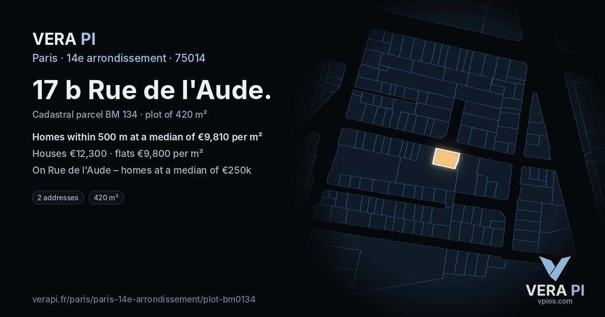 17 b Rue de l'Aude, 14e arrondissement at night – the plot lit, the parcels around coloured by the prices near them