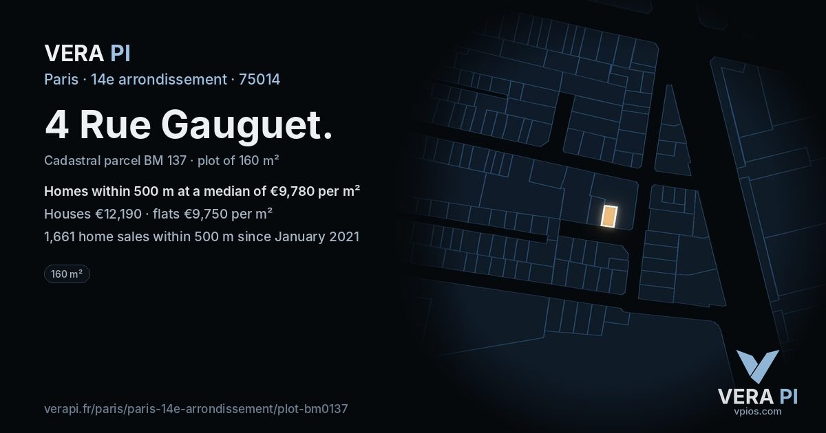 4 Rue Gauguet, 14e arrondissement at night – the plot lit, the parcels around coloured by the prices near them