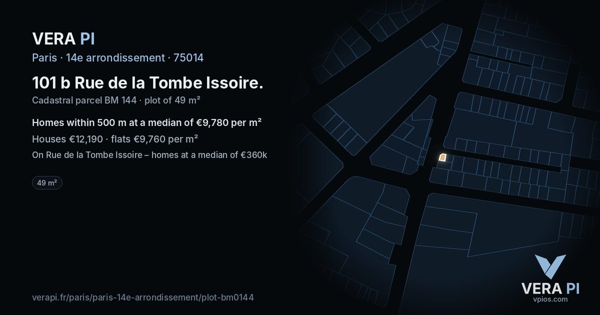 101 b Rue de la Tombe Issoire, 14e arrondissement at night – the plot lit, the parcels around coloured by the prices near them