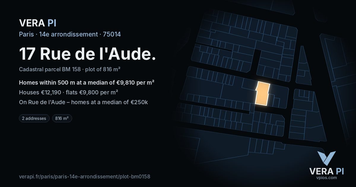 17 Rue de l'Aude, 14e arrondissement at night – the plot lit, the parcels around coloured by the prices near them
