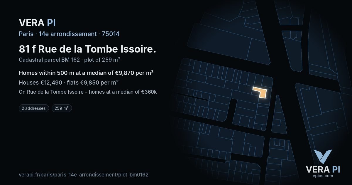 81 f Rue de la Tombe Issoire, 14e arrondissement at night – the plot lit, the parcels around coloured by the prices near them