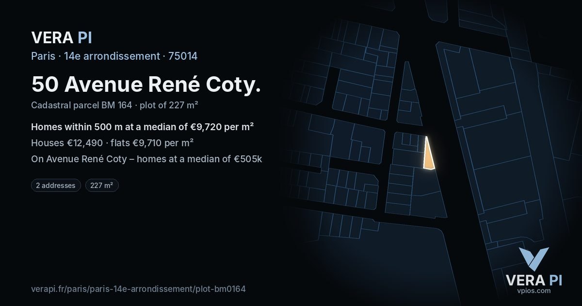 50 Avenue René Coty, 14e arrondissement at night – the plot lit, the parcels around coloured by the prices near them