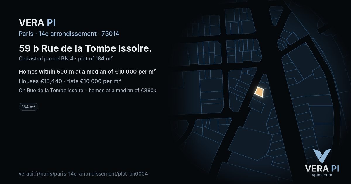 59 b Rue de la Tombe Issoire, 14e arrondissement at night – the plot lit, the parcels around coloured by the prices near them