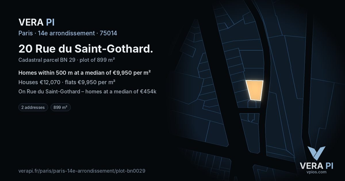 20 Rue du Saint-Gothard, 14e arrondissement at night – the plot lit, the parcels around coloured by the prices near them