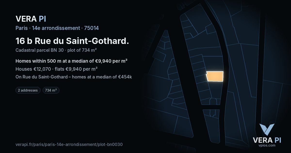 16 b Rue du Saint-Gothard, 14e arrondissement at night – the plot lit, the parcels around coloured by the prices near them