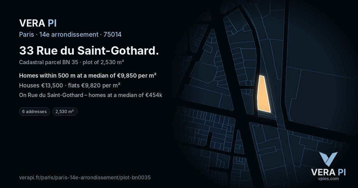 33 Rue du Saint-Gothard, 14e arrondissement at night – the plot lit, the parcels around coloured by the prices near them