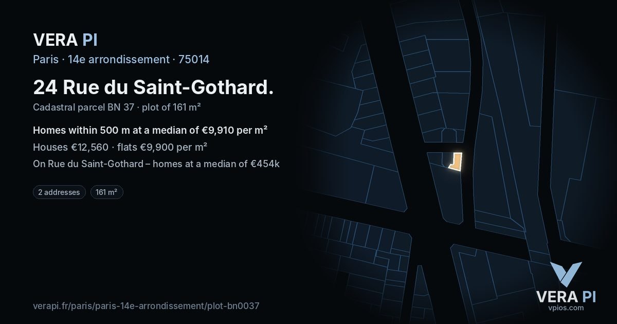 24 Rue du Saint-Gothard, 14e arrondissement at night – the plot lit, the parcels around coloured by the prices near them