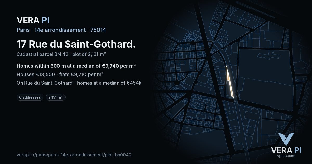 17 Rue du Saint-Gothard, 14e arrondissement at night – the plot lit, the parcels around coloured by the prices near them