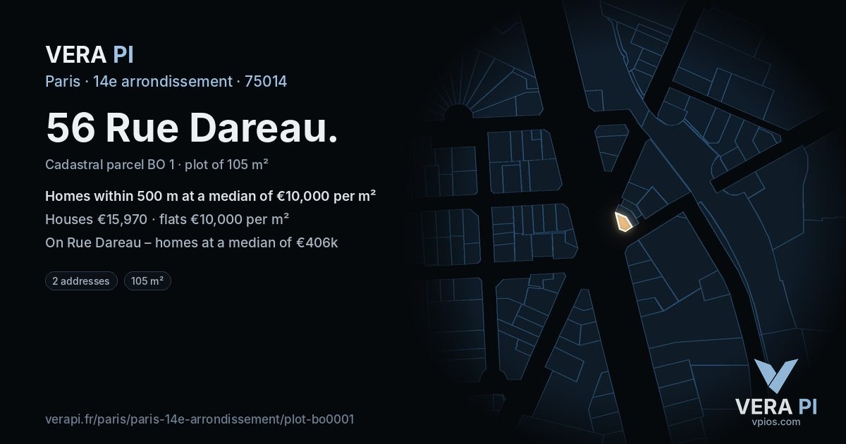 56 Rue Dareau, 14e arrondissement at night – the plot lit, the parcels around coloured by the prices near them