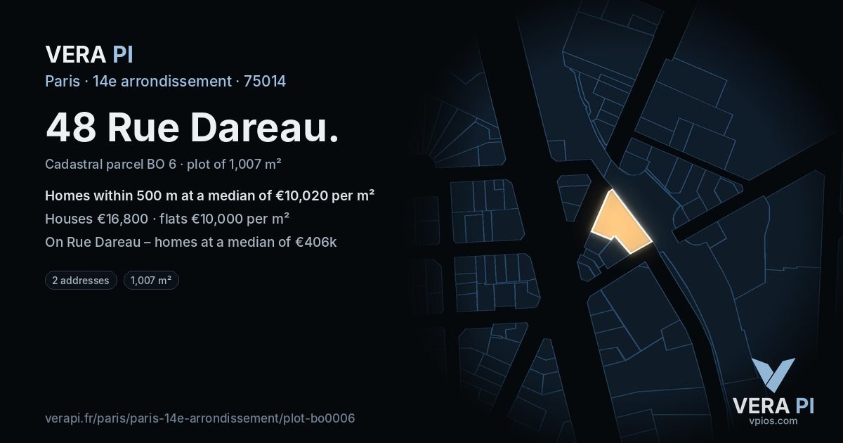 48 Rue Dareau, 14e arrondissement at night – the plot lit, the parcels around coloured by the prices near them