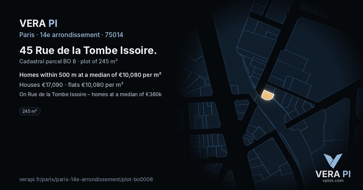 45 Rue de la Tombe Issoire, 14e arrondissement at night – the plot lit, the parcels around coloured by the prices near them