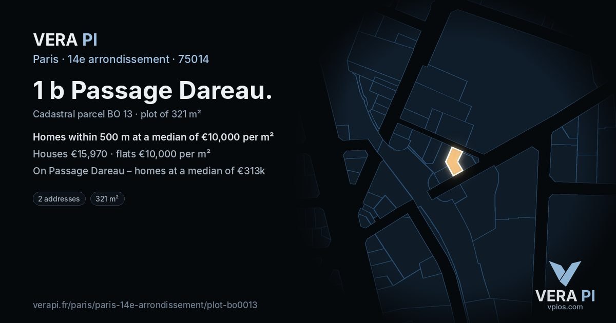 1 b Passage Dareau, 14e arrondissement at night – the plot lit, the parcels around coloured by the prices near them