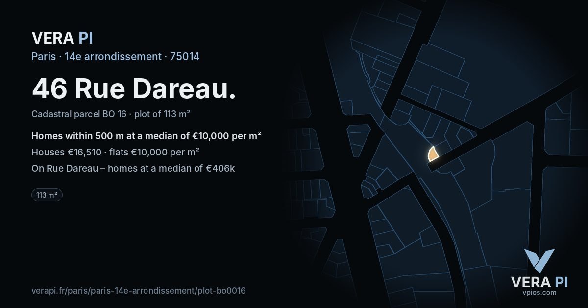 46 Rue Dareau, 14e arrondissement at night – the plot lit, the parcels around coloured by the prices near them