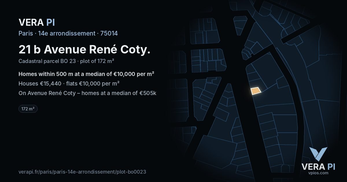 21 b Avenue René Coty, 14e arrondissement at night – the plot lit, the parcels around coloured by the prices near them