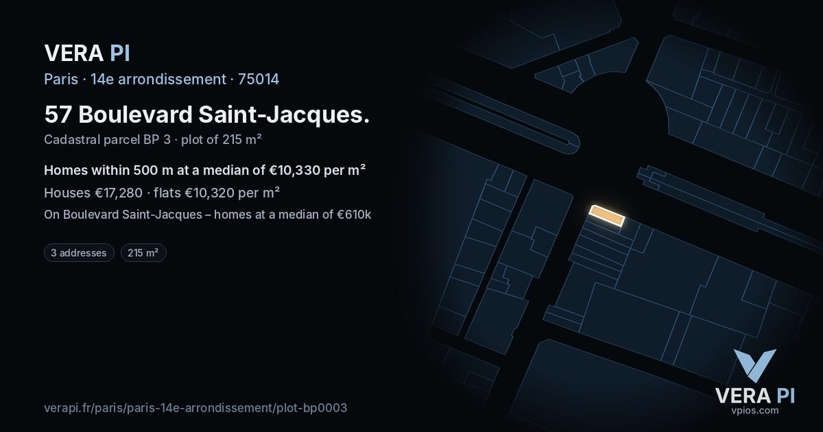 57 Boulevard Saint-Jacques, 14e arrondissement at night – the plot lit, the parcels around coloured by the prices near them