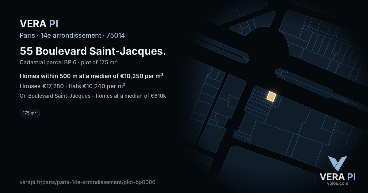55 Boulevard Saint-Jacques, 14e arrondissement at night – the plot lit, the parcels around coloured by the prices near them