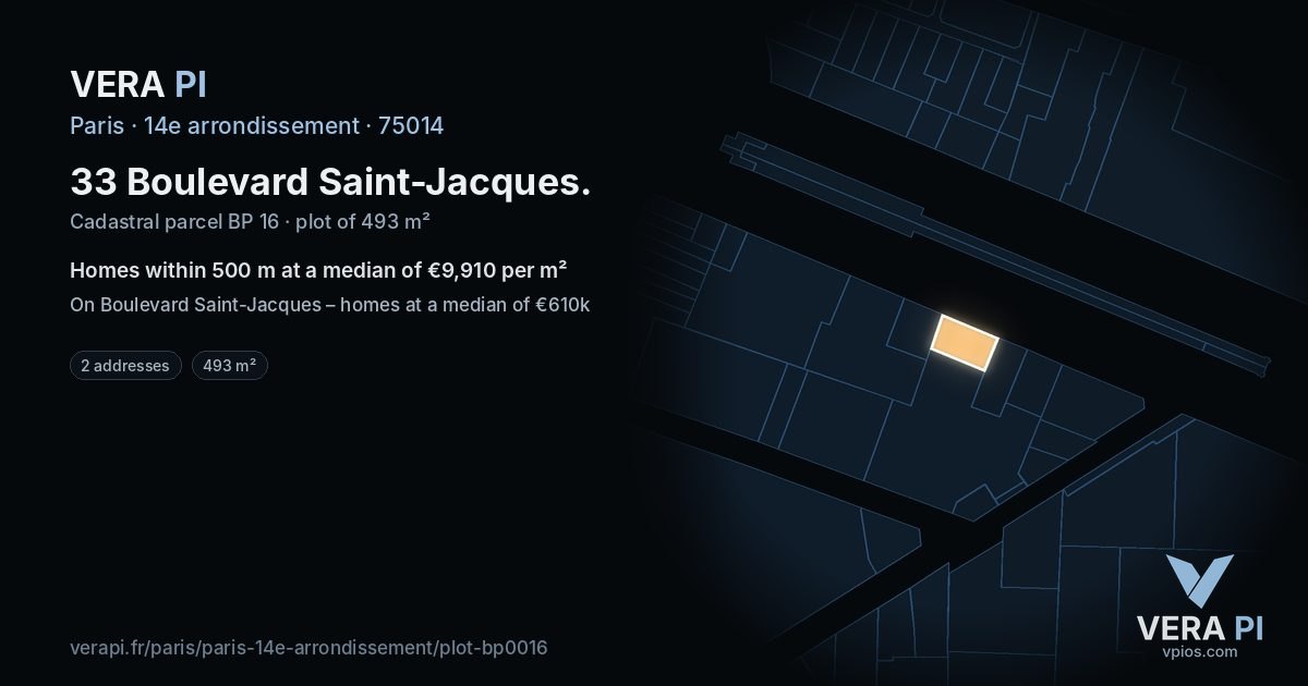 33 Boulevard Saint-Jacques, 14e arrondissement at night – the plot lit, the parcels around coloured by the prices near them