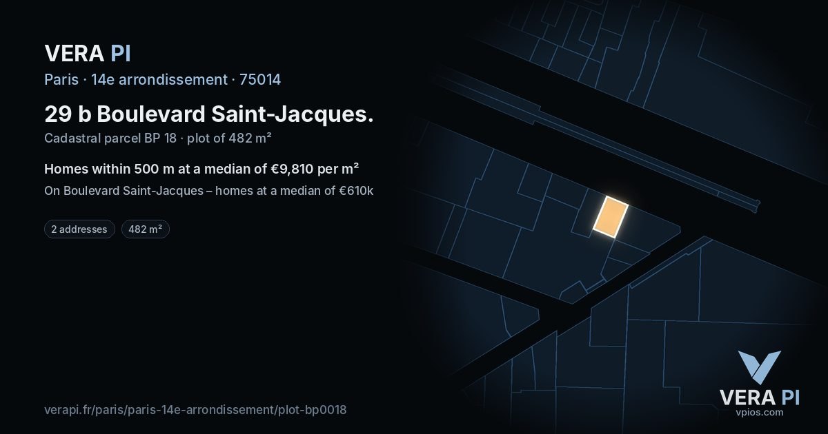 29 b Boulevard Saint-Jacques, 14e arrondissement at night – the plot lit, the parcels around coloured by the prices near them