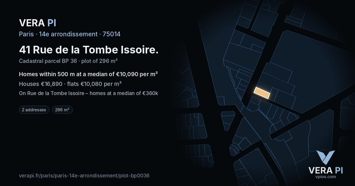 41 Rue de la Tombe Issoire, 14e arrondissement at night – the plot lit, the parcels around coloured by the prices near them