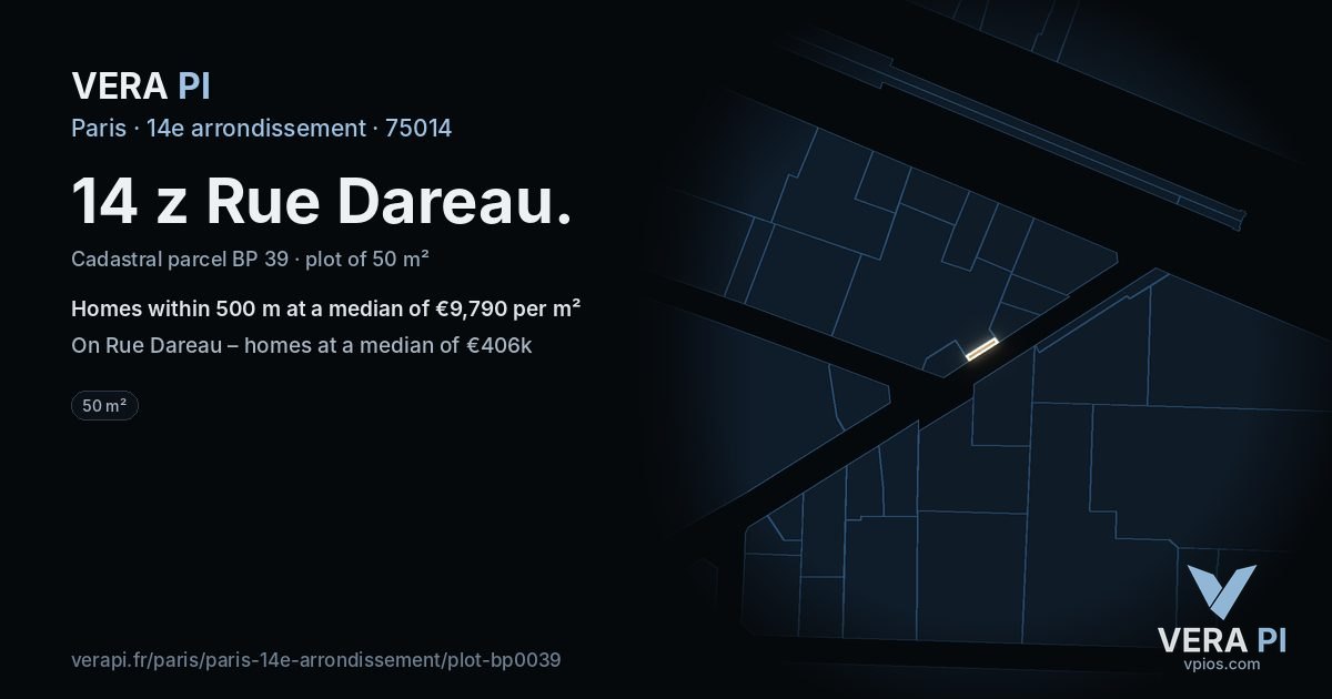 14 z Rue Dareau, 14e arrondissement at night – the plot lit, the parcels around coloured by the prices near them