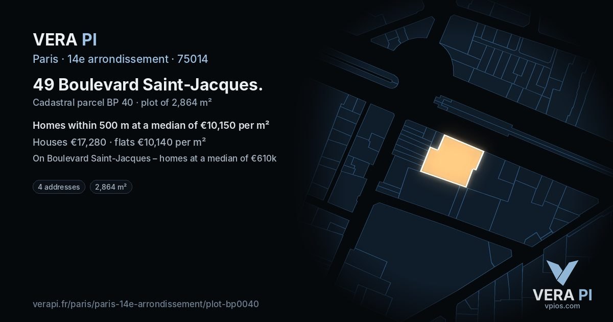 49 Boulevard Saint-Jacques, 14e arrondissement at night – the plot lit, the parcels around coloured by the prices near them