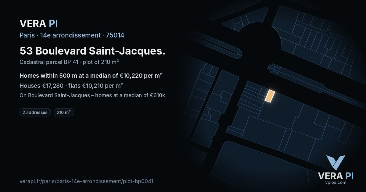 53 Boulevard Saint-Jacques, 14e arrondissement at night – the plot lit, the parcels around coloured by the prices near them