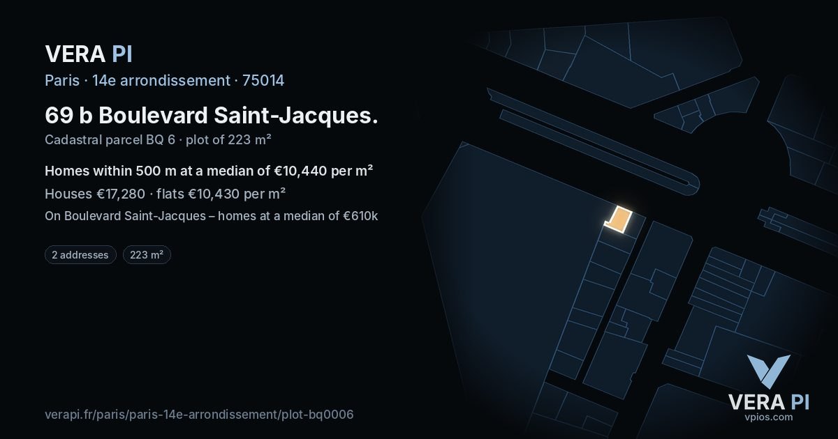 69 b Boulevard Saint-Jacques, 14e arrondissement at night – the plot lit, the parcels around coloured by the prices near them