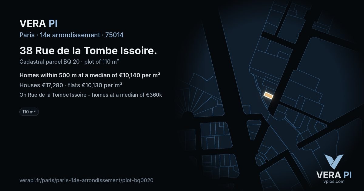 38 Rue de la Tombe Issoire, 14e arrondissement at night – the plot lit, the parcels around coloured by the prices near them