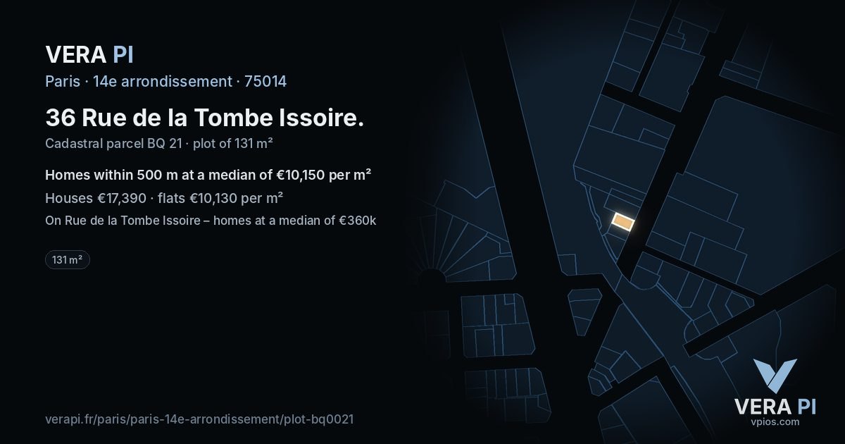 36 Rue de la Tombe Issoire, 14e arrondissement at night – the plot lit, the parcels around coloured by the prices near them