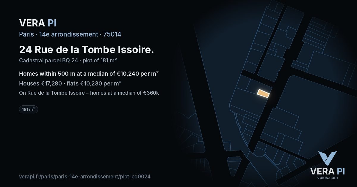 24 Rue de la Tombe Issoire, 14e arrondissement at night – the plot lit, the parcels around coloured by the prices near them