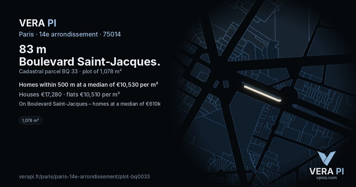 83 m Boulevard Saint-Jacques, 14e arrondissement at night – the plot lit, the parcels around coloured by the prices near them