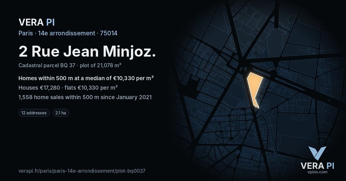 2 Rue Jean Minjoz, 14e arrondissement at night – the plot lit, the parcels around coloured by the prices near them