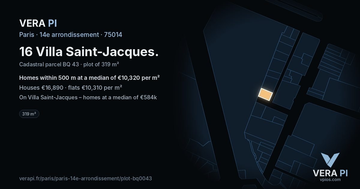 16 Villa Saint-Jacques, 14e arrondissement at night – the plot lit, the parcels around coloured by the prices near them