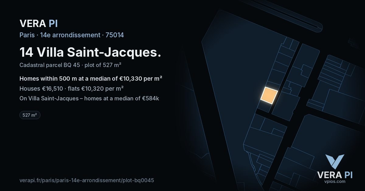 14 Villa Saint-Jacques, 14e arrondissement at night – the plot lit, the parcels around coloured by the prices near them