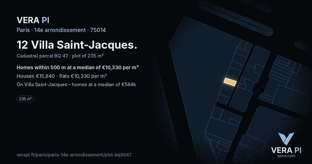 12 Villa Saint-Jacques, 14e arrondissement at night – the plot lit, the parcels around coloured by the prices near them