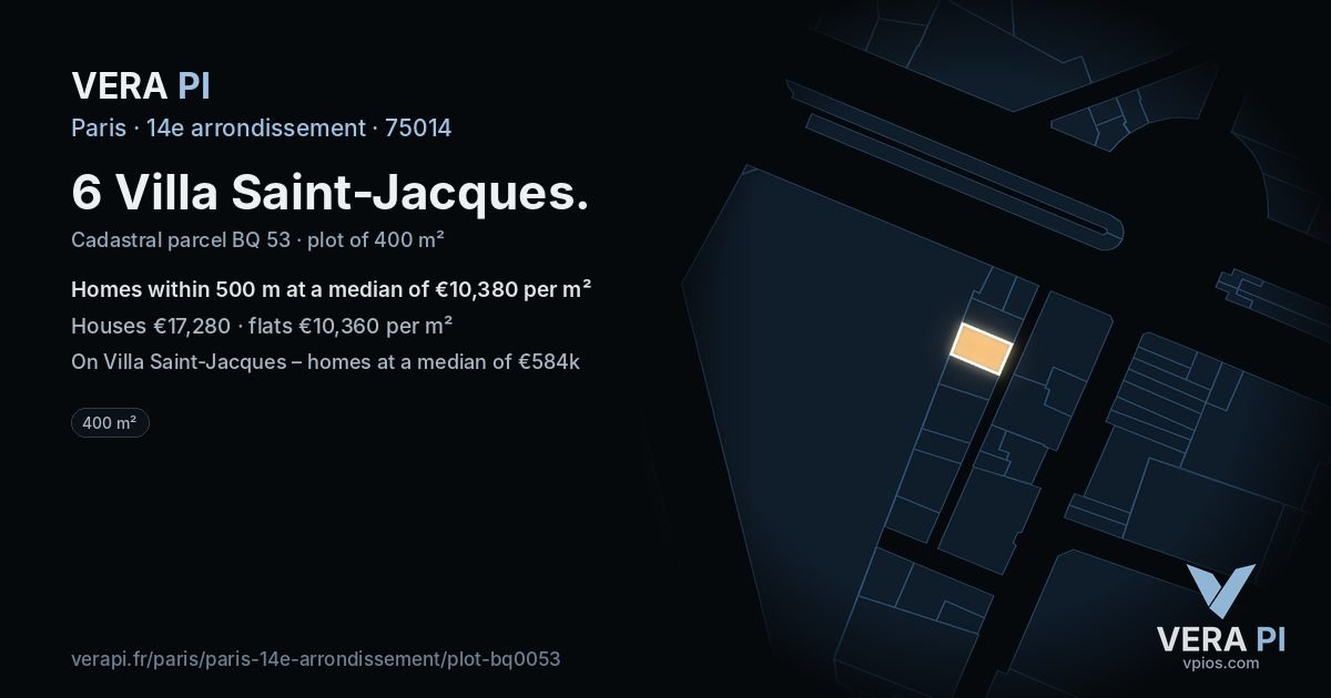6 Villa Saint-Jacques, 14e arrondissement at night – the plot lit, the parcels around coloured by the prices near them