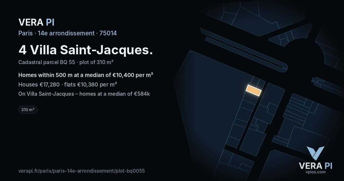 4 Villa Saint-Jacques, 14e arrondissement at night – the plot lit, the parcels around coloured by the prices near them