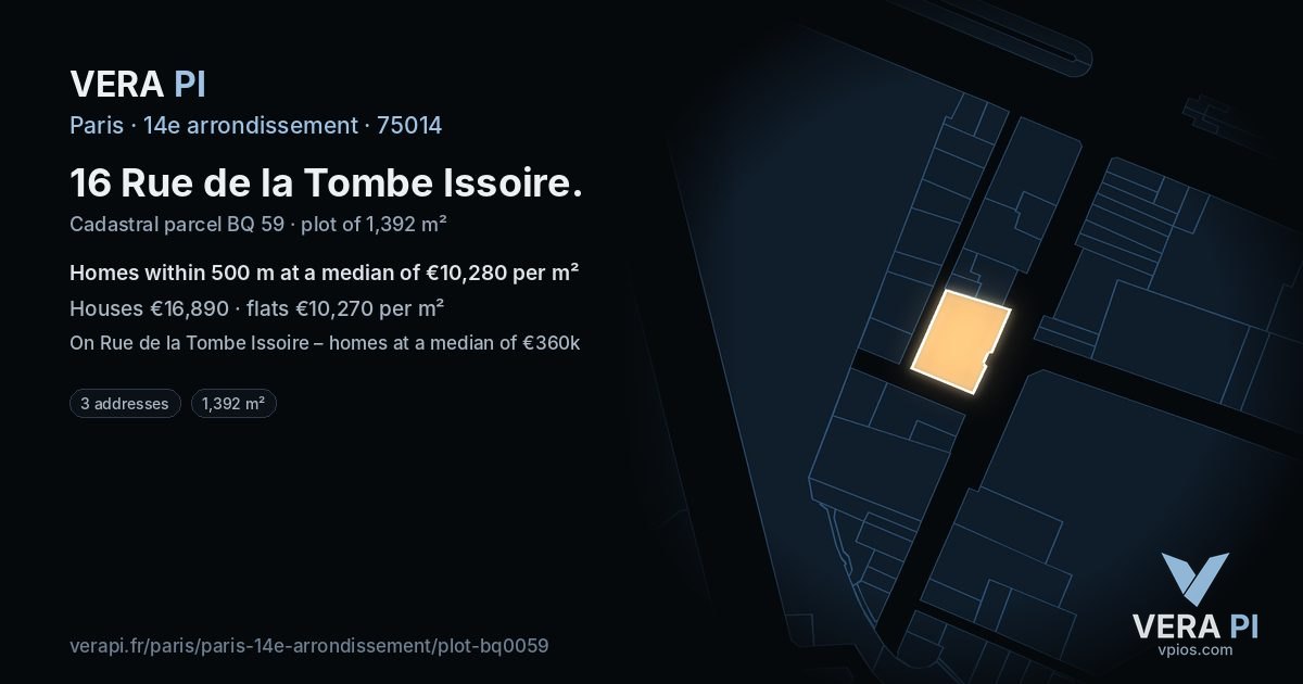 16 Rue de la Tombe Issoire, 14e arrondissement at night – the plot lit, the parcels around coloured by the prices near them